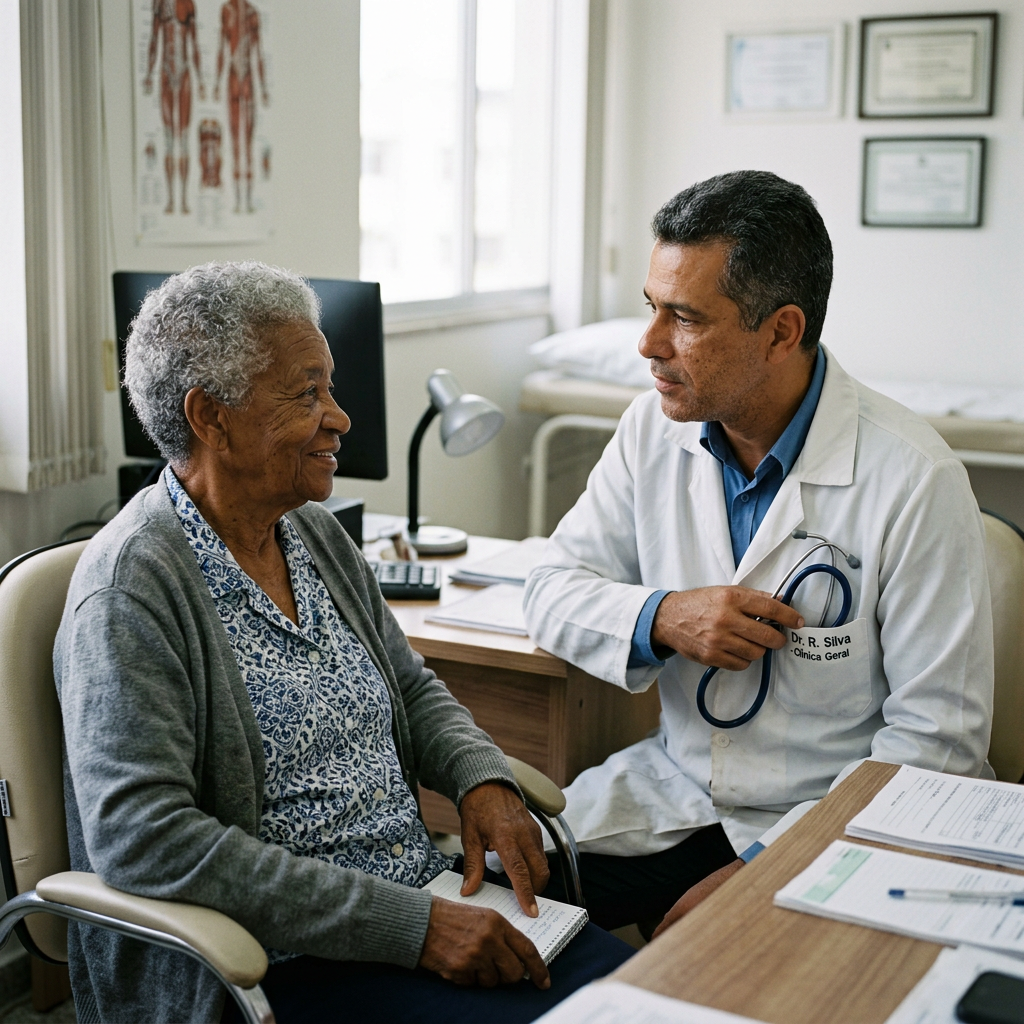 Médico atendendo paciente idoso em consultório particular