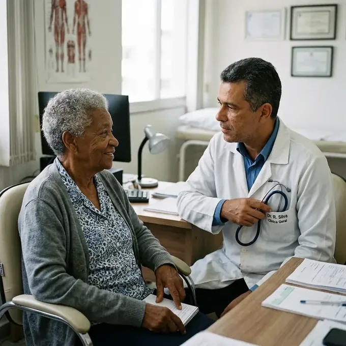 Médico atendendo paciente idoso em consultório particular